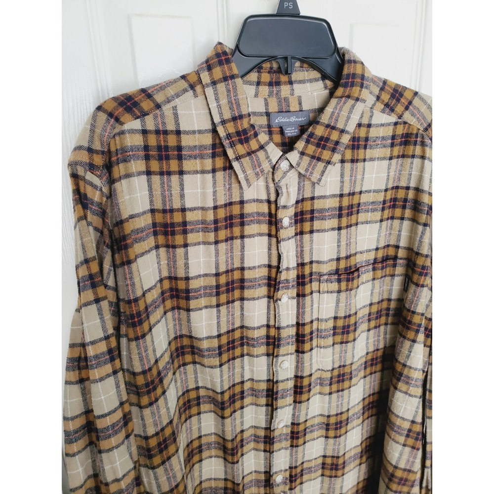 Eddie Bauer Flannel OutdoornShirt Tan Brown Plaid Cotton Button Gorpcore XXL